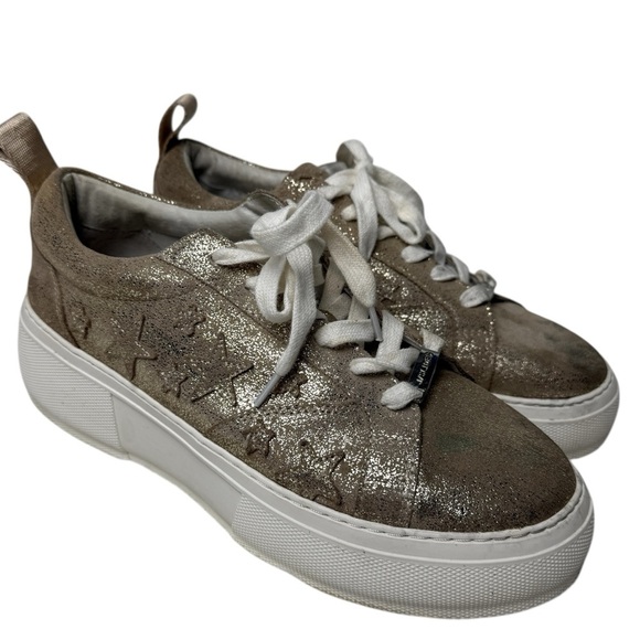 J/slides CoStarr Gold Platform Sneakers SZ 9 Celestial Star Shoes Glitter suede - Picture 1 of 11